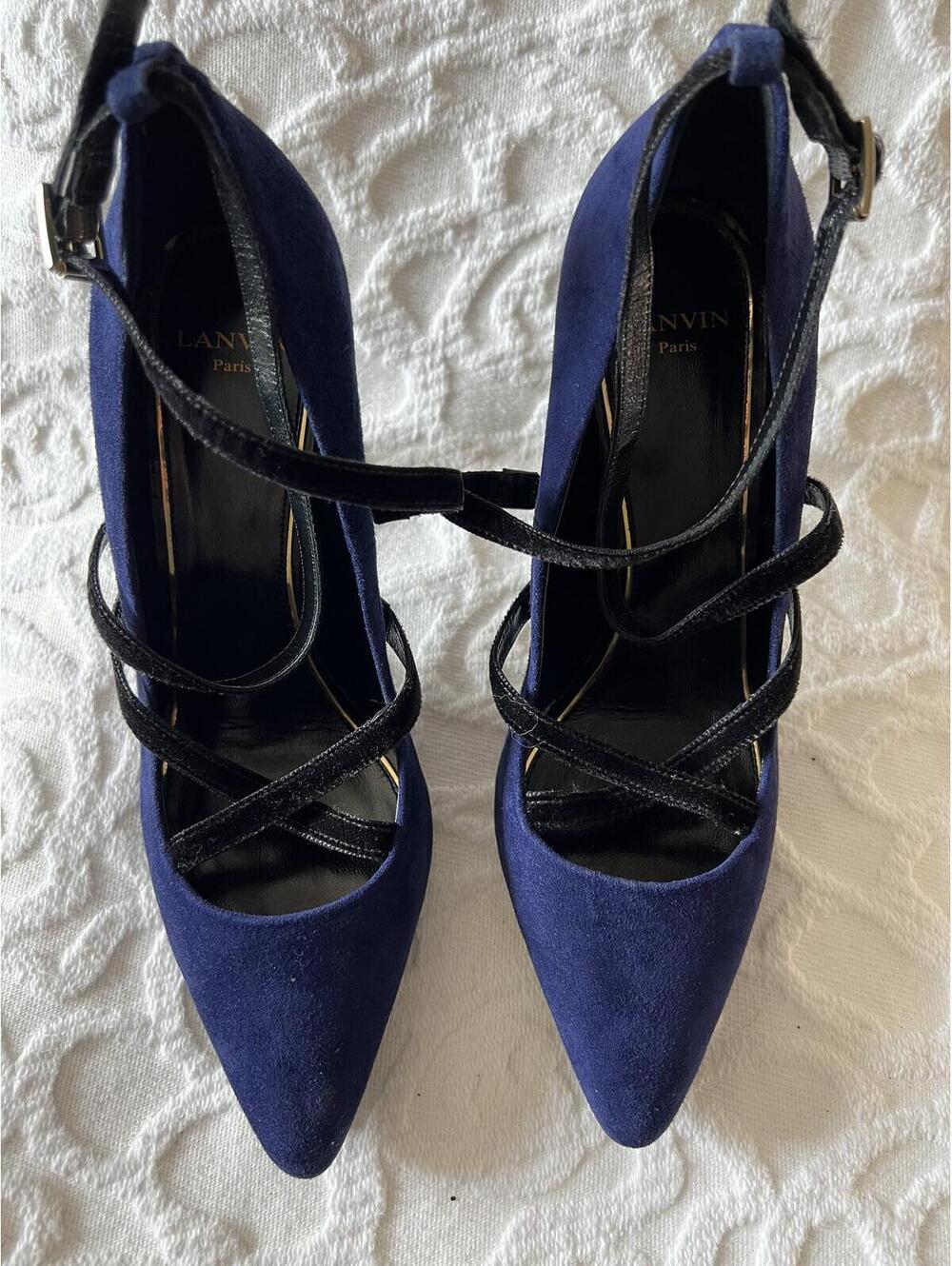 Lanvin Paris Navy Blue Suede & Black Leather Strappy Pumps - Size 38, Italy - Picture 2 of 7